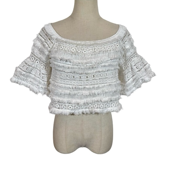 ALEXIS Valetin Crochet Fringe Off The Shoulder Crop Top in White - Picture 4 of 12